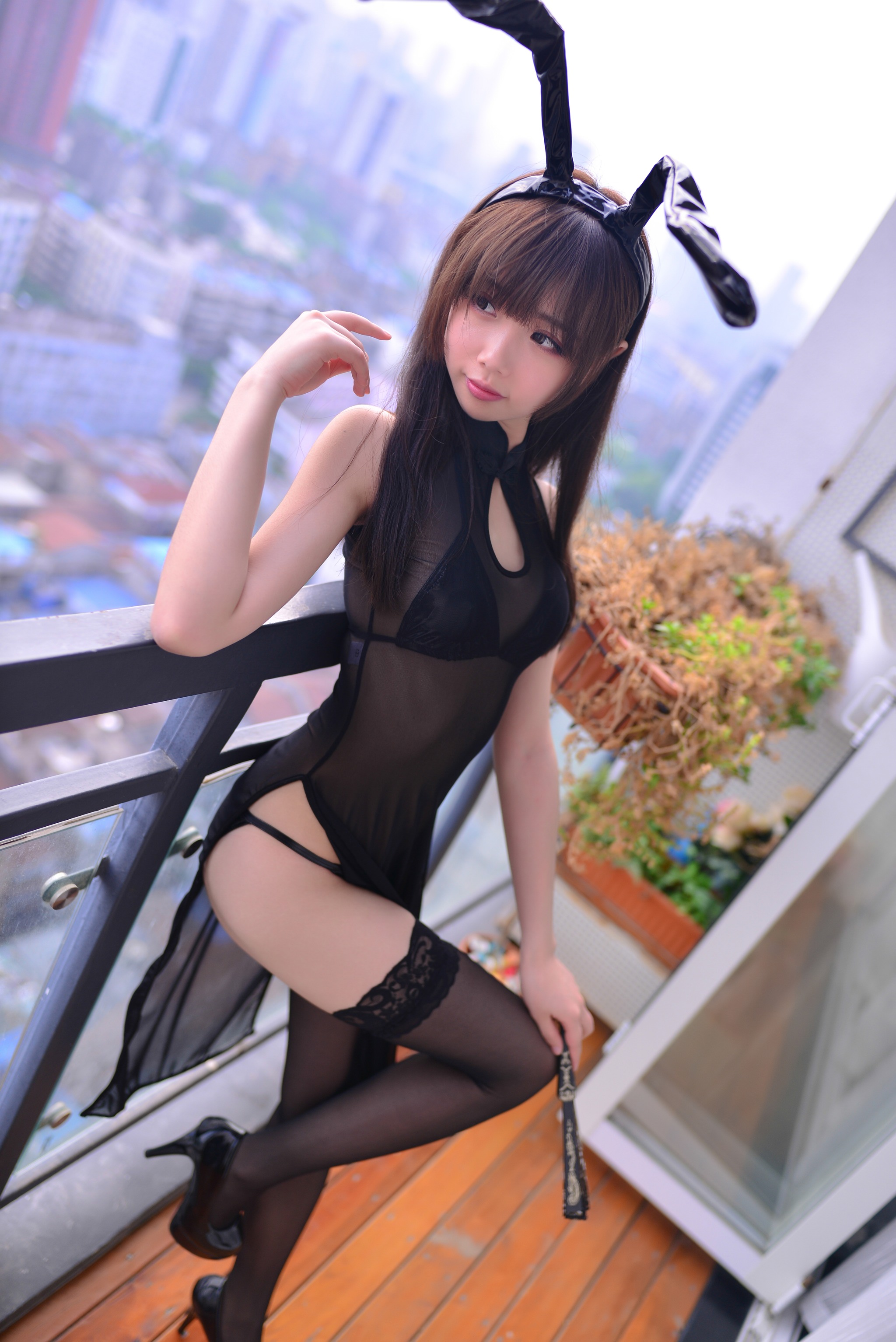 图片[1]-雪琪SAMA – NO.037 兔耳透明黑丝旗袍[35P]-XikXak